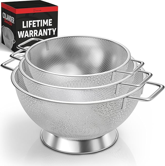 PriorityChef Premium Stainless Steel Colander for Kitchen, Durable Rice and Pasta Strainer with Handle, Rust-Resistant & Dishwasher Safe, 3/4/5 Qt