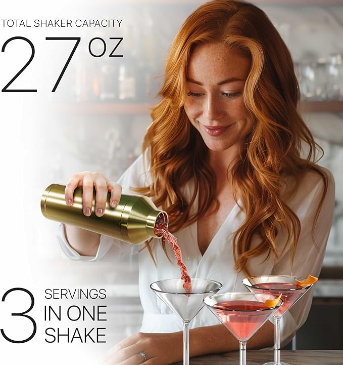 Insulated Cocktail Shaker Set | Double Wall Stainless Steel | Martini Shaker for Home Bar Bartending | Built-in Drink Measurement System & Strainer, Travel Bag, 35 Recipes | Gift Set (Gold)