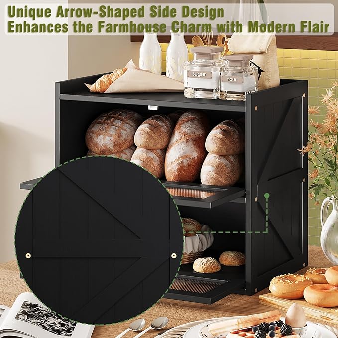 Double Layer Bread Box for Kitchen Counter Black Bread Storage Container with Acrylic Door Large Farmhouse Breadbox Organizer Bread Holder (Black)