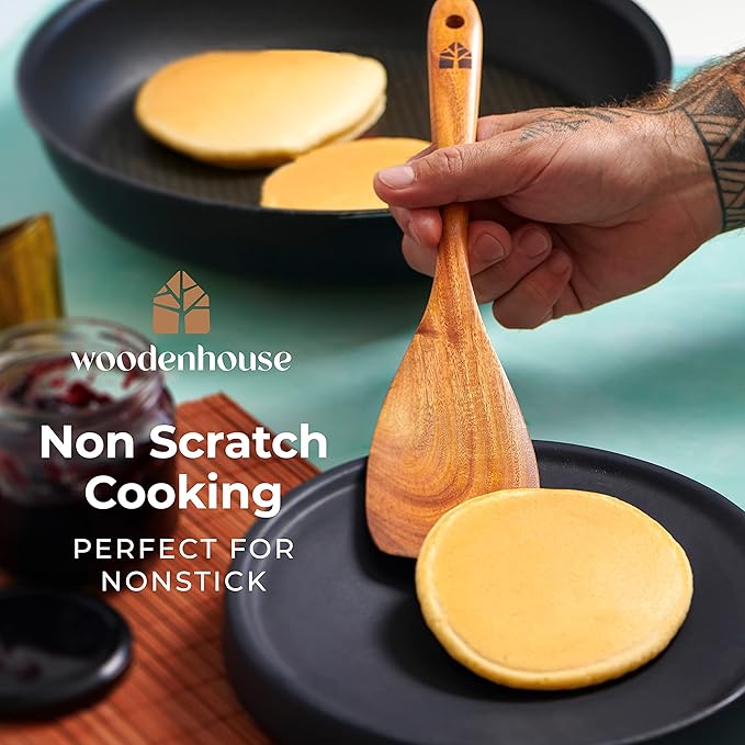 Wooden Spoons for Cooking – Wooden Cooking Utensils Set with Holder, Spoon Rest & Hooks, Teak Wood Nonstick Kitchen Cookware – Durable Set of 12pcs by Woodenhouse - Unique Kitchen Gifts for Women Men