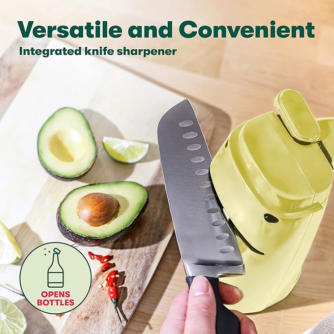 bella Electric Can Opener and Knife Sharpener, Multifunctional Bottle Opener with Removable Cutting Lever and Cord Storage, Stainless Steel Blade, Yellow