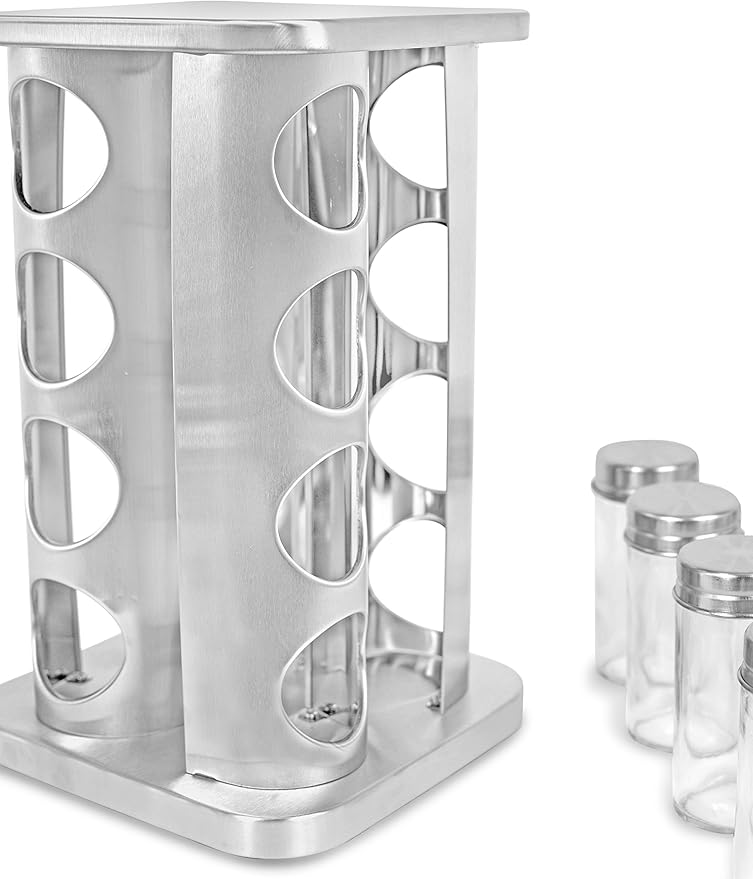 INTERNET'S BEST Revolving Spice Rack - Seasoning Storage with 16 Jars - Modern Stainless Steel Spinning Tower for Kitchen Countertop - Rotating Spice and Pantry Holder with Pre-Printed Labels - Sqaure