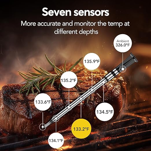 WiFi Sub-1G Wireless Meat Thermometer Unlimited Range, Check Temp Anywhere,7 NIST Certified Sensors with Ambient Temp, Monitor for BBQ, Grill, Oven, Smoker, Air Fryer (Black)