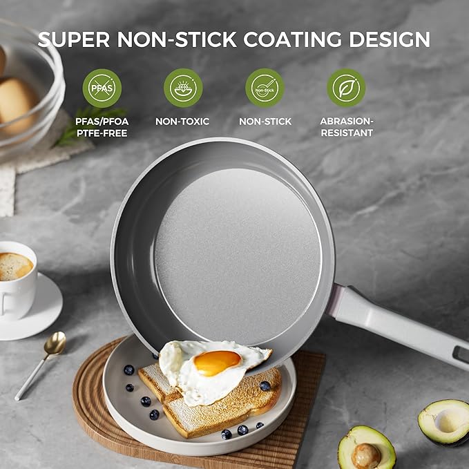 Sanho Healthy Ceramic Non-Toxic Frying Pan Set, 10 & 12 Inch Gray Nonstick Skillet, PFOA & PTFE Free, Induction Compatible Cookware
