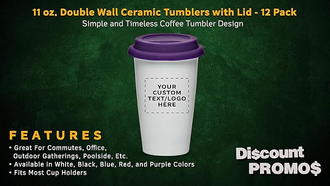 Personalized 11 oz. Double Wall Ceramic Tumblers with Lid - 12 Pack - Custom Text, Logo - Purple