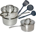 Stainless Steel Saucepans Nylon Tools 8 pcs set Glass Lid Induction Impact Bonded Right Angles