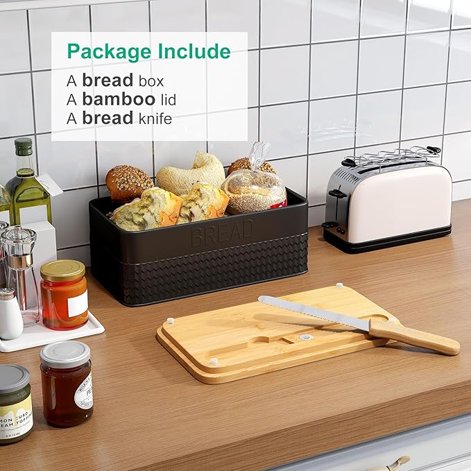 Black Bread Box for Kitchen Countertop, Large Bread Storage Container with Bamboo Lid, Iron Farmhouse Bread Box for Your House