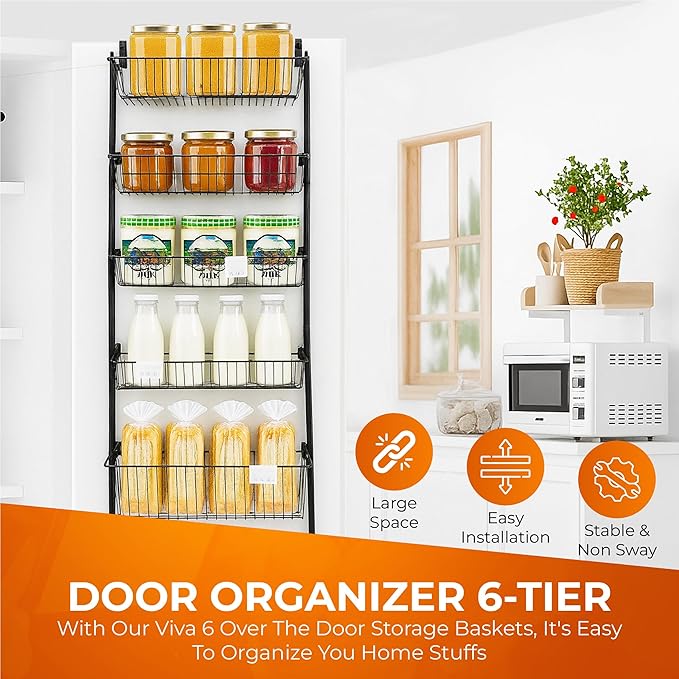 TidyTiers 6-Tier Over-The-Door Pantry Organizer – Heavy-Duty Hanging Rack with Deep Adjustable Baskets – Space-Saving Storage for Pantry, Kitchen, Closets & More