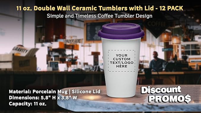 Personalized 11 oz. Double Wall Ceramic Tumblers with Lid - 12 Pack - Custom Text, Logo - Purple