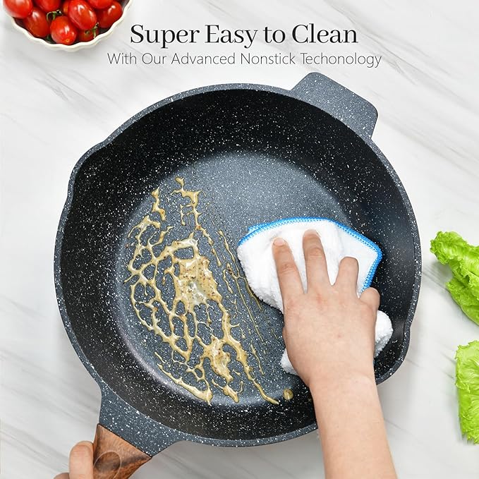 Deep Frying Pan Nonstick with Lid and Spatula, 12 inch / 5.5 Quart Saute Pan, Non Stick Granite Stir-Fry Chef Skillet with Scrub Sponge, Gas Induction Stovetops Compatible