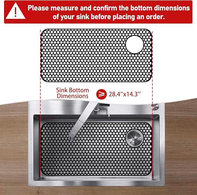 Silicone Sink Protectors for Kitchen Sink - 28.4"x 14.3" Kitchen Protector Accessory, Non-Slip Heat Resistant Mat for Bottom of Farmhouse Porcelain Stainless Steel(Top Right Drain Hole,Black)