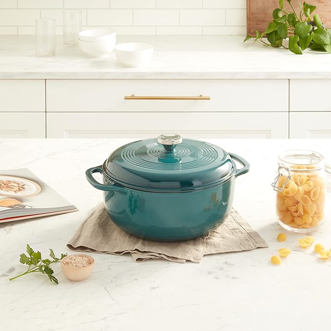 Lodge 6 Quart Enameled Cast Iron Dutch Oven with Lid – Dual Handles – Oven Safe up to 500° F or on Stovetop - Use to Marinate, Cook, Bake, Refrigerate and Serve – Lagoon