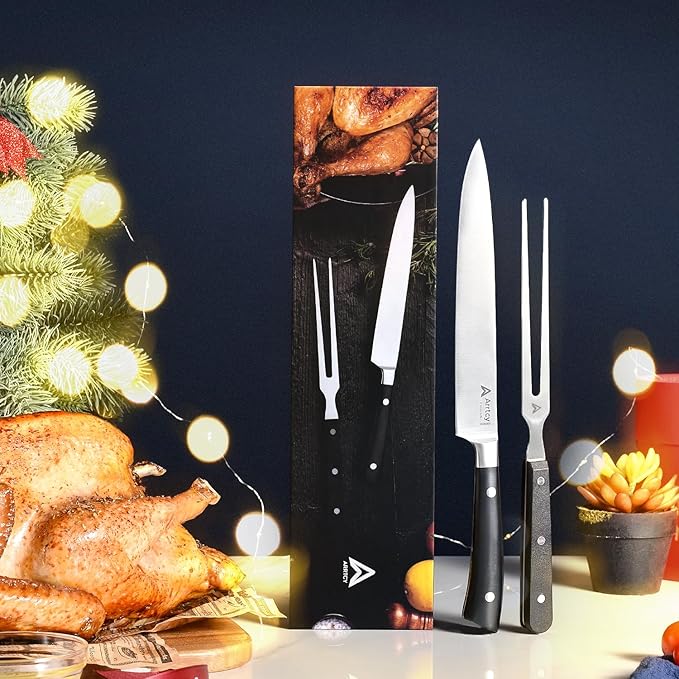 Turkey Carving Set,Full Tang Ergonomic Handle Carving Knife and Fork,German Stainless Steel Kitchen Tools for Turkey, Ham, BBQ,Includes Carving Fork & Knife with Gift Box