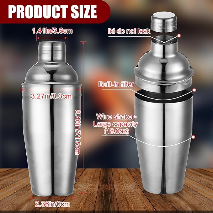 Nitial 9 Pcs Bar Cocktail Shaker Professional Stainless Steel Martini Drink Mixer Built-in Strainer for Bartending No Leaks Boston Shaker for Bar Party Drink Tool(Silver,18.6 oz)