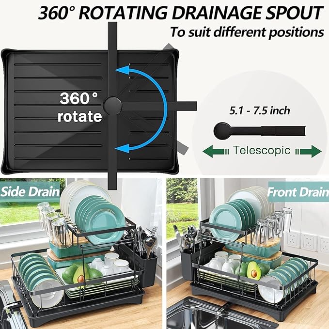 Large Dish Drying Rack for Kitchen Counter, Detachable Large Capacity Dish Drainer Organizer, 2-Tier Dish Racks with Utensil Holder