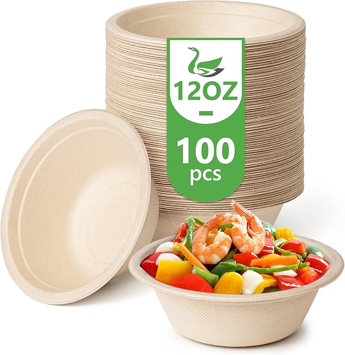 Green Swan Disposable Paper Bowls, 12 Oz [100 Pack] Large Bowl-100% Compostable, Biodegradable, Eco-Friendly Natural Colour Bowls - Convenient for Daily Use for Salad, Hot Soup, and Pasta
