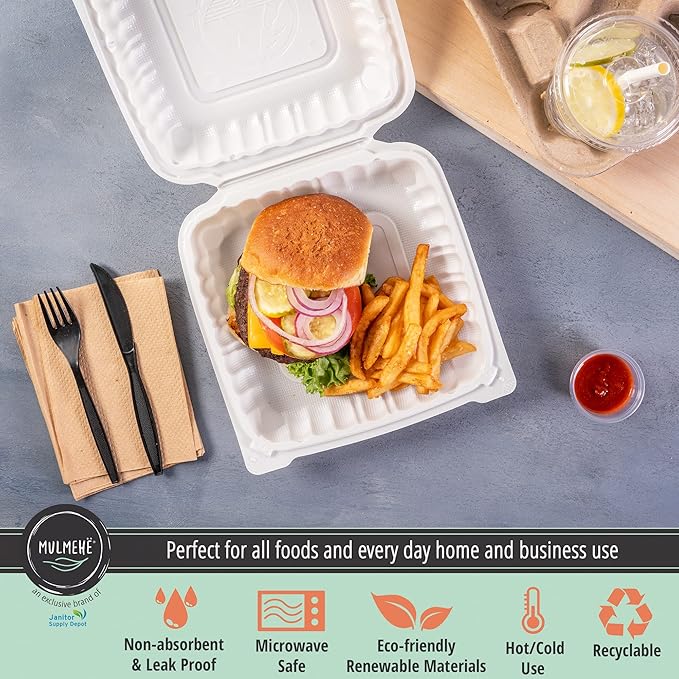 MULMEHË Mineral Filled Polypropylene Plastic Hinged Take Out Food Containers, 8x8x3, Vented Single Compartment, Natural White, 200 per Case