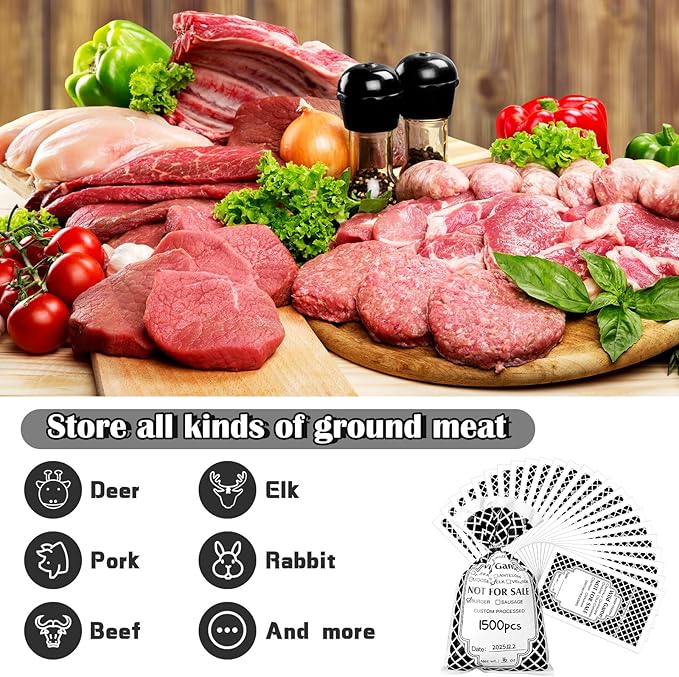 1500 Pack Wild Game Meat Bags Pack for Freezer 1 lb 8.03 x 4.41 Inch Ground Meat Freezer Packing Bags Bulk Venison Beef Processing Storage with Twist Ties for Outdoor