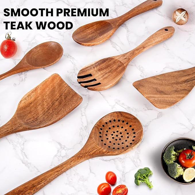 6x Wooden Spoons for Cooking Kitchen Utensil Set Smooth Finish Wooden Cooking Utensils Spoons Filter Spoon and Salad Fork Accessories+1x Kitchen Hooks for Hanging Utensils Rack