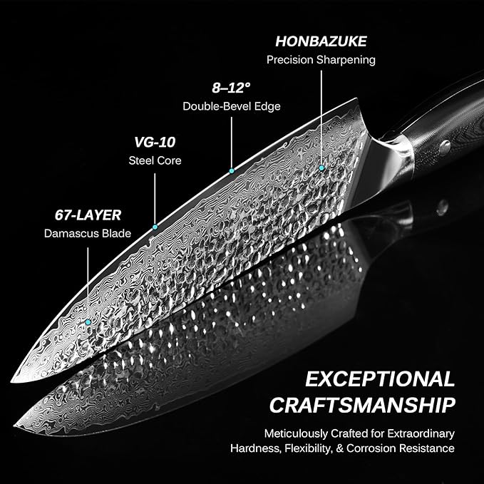 KYOKU Chef Knife - 8"- Shogun Series Japanese Style VG10 Steel Core Hammered Damascus Blade Kitchen Knife - with Sheath & Case