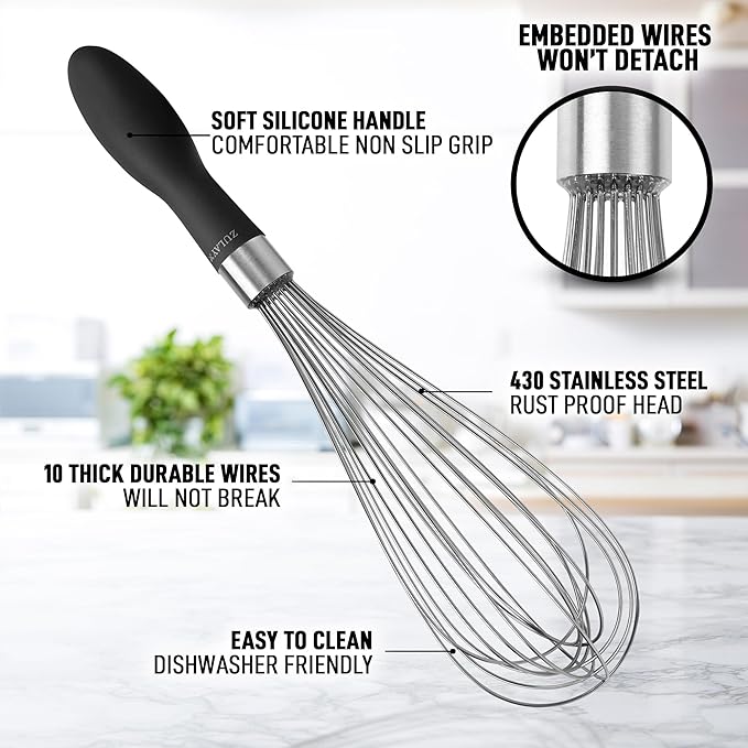 Zulay Kitchen Stainless Steel Balloon Whisk 11 Inch – Durable Wire Whisk with Soft Grip Silicone Handle – Versatile Kitchen Whisk for Blending, Beating, Frothing, Stirring & More - Black