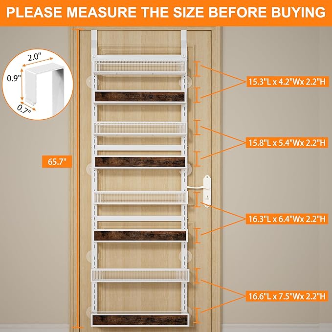 Over The Door Pantry Organizer,8 Tier Hanging Door Spice Rack with Adjustable Wood Basket and Acylic Basket,Metal Heavy Duty Wall Mounted Door Storage Shelf for Kitchen Pantry and Bathroom