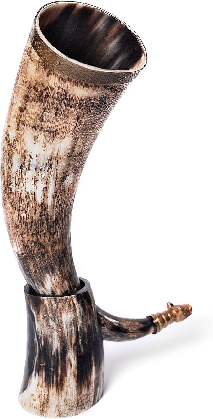 Norse Tradesman Genuine 20" Ox-Horn Viking Drinking Horn with Antique Brass Rim & Wolf Tip, Fitted Stand & Burlap Gift Sack - The Fenrir, 20-Inches, Low Polish