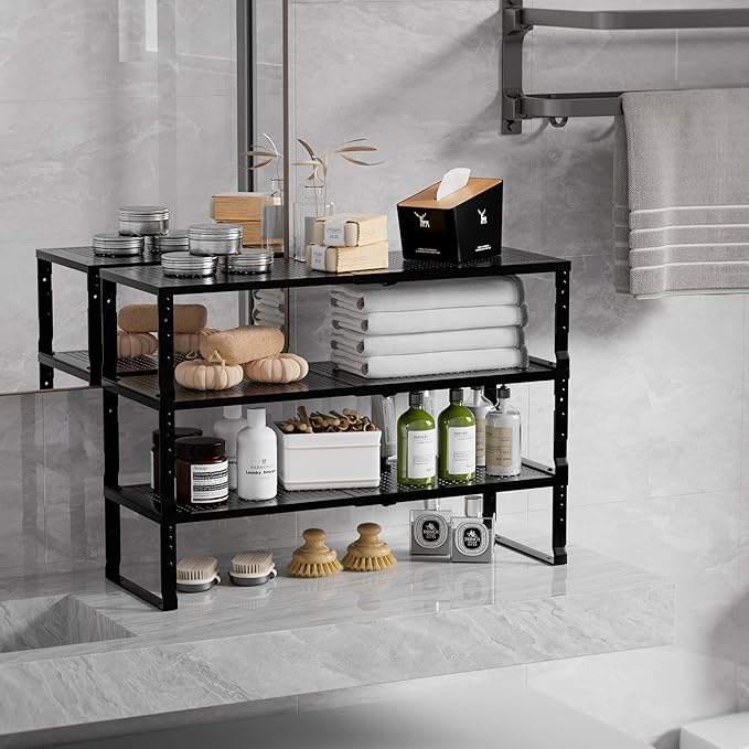 Expandable Spice Rack & Kitchen Cabinet Organizer - Stackable, Adjustable Shelves for Cabinets, Countertops, Cupboards & Pantries(1 Pack/Large/Black)