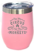 Bevvee Not My Circus Not My Monkeys - Wine Tumbler with Sliding Lid - Stemless Stainless Steel Insulated Cup - Funny Retirement Gifts - Pink