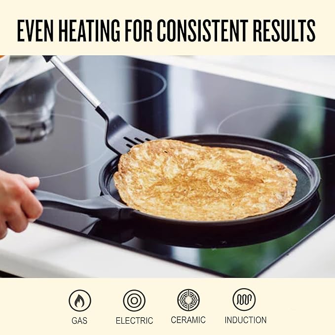 Alva Energy 11″ Ceramic Nonstick Crepe Pan – No PFAS/PFOA/PTFE, Ultra‑Low Oil Release, Works on Gas/Electric/Induction, Lightweight & Easy Cleanup & Stay-Cool Handle