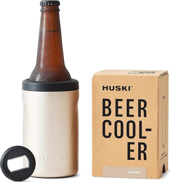 Huski Beer Cooler 2.0 | NEW | Premium Can and Bottle Holder | Triple Insulated Marine Grade Stainless Steel | Detachable 3-in-1 Opener | Works as a Tumbler | Best Gifts for Beer Lovers (Champagne)