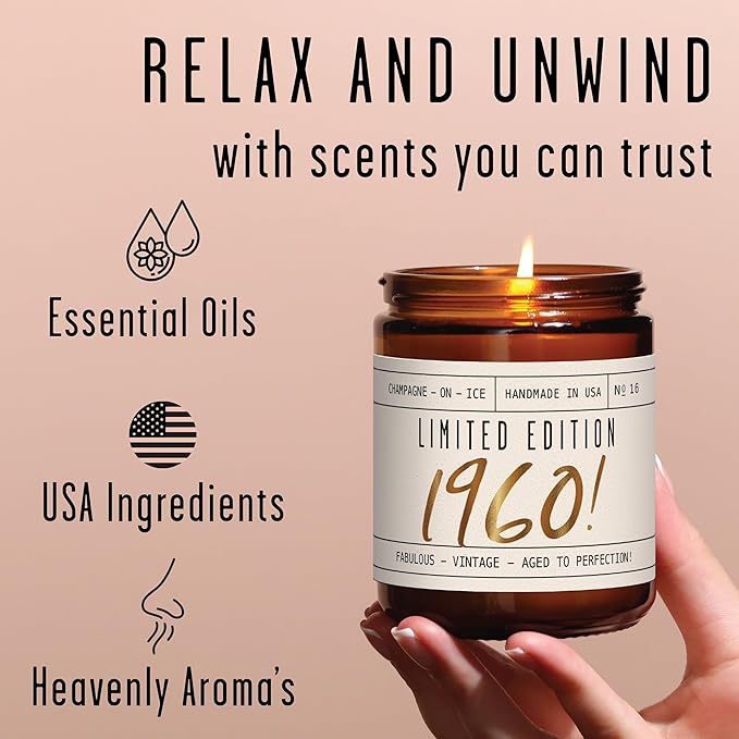 65th Birthday Gifts for Women - 'Limited Edition 1960' Soy Candle, w/Champagne on Ice I 65 Birthday Gifts for Women I 65th Gift for Her Ideas I 9oz Reusable Jar, 50Hr Burn, Made in USA