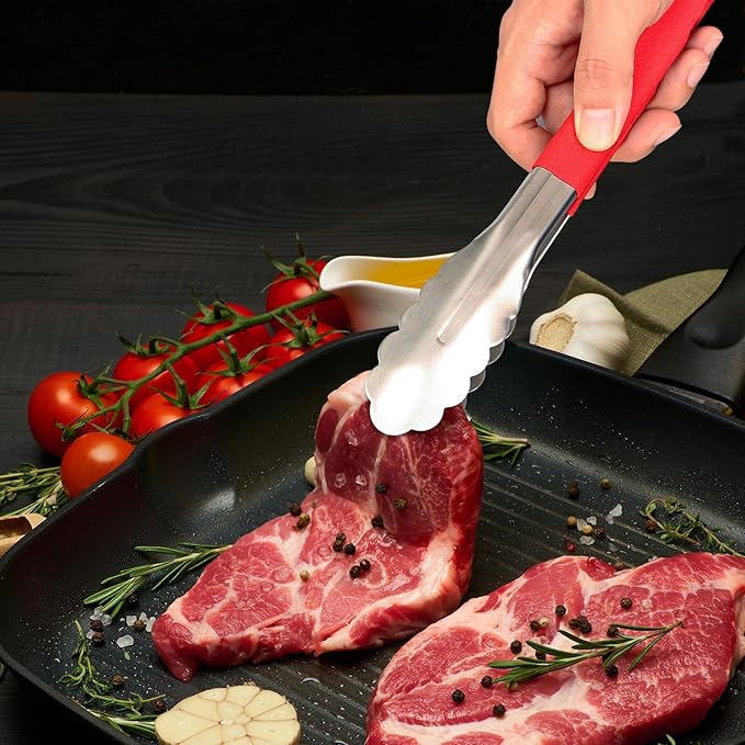 LZMS 4pcs 9 1/2" Red Atmospherei Stainless Steel Grill Tongs,Kitchen Tongs with Non-Slip Grip for Cooking,BBQ,Buffet Dinner