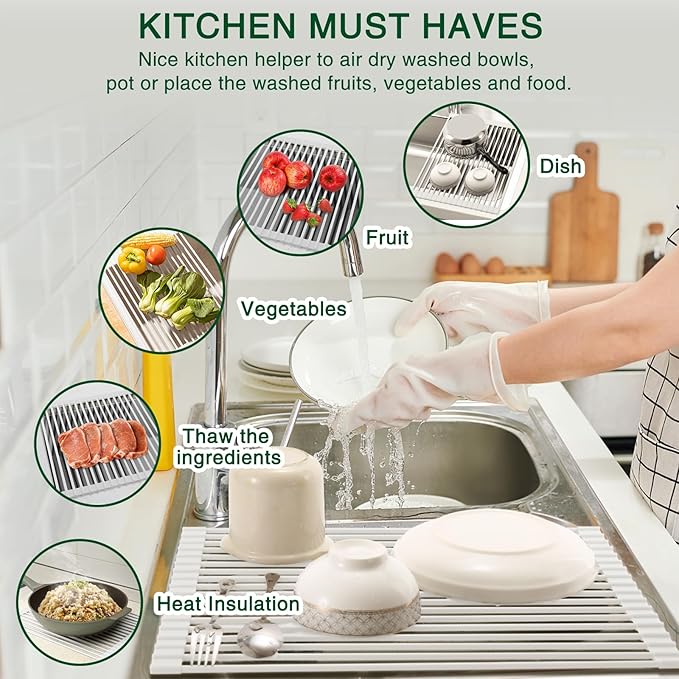 Roll Up Dish Drying Rack Over The Sink Kitchen Roll Up Sink Drying Rack Multipurpose Foldable Sink Drying Mat, Heat-Resistant, Anti-Slip & Anti-Rust Dish Rack for Kitchen, 20.5" x 13", White