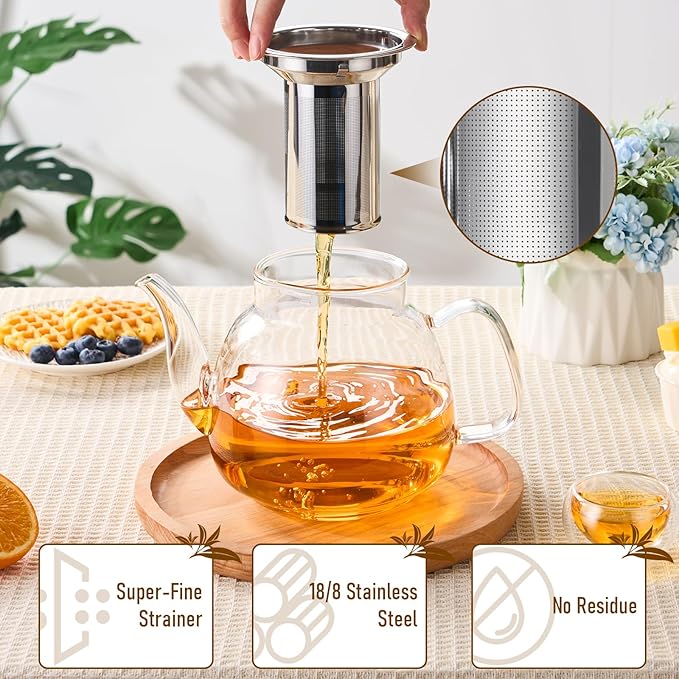 PARACITY Glass Teapot Stovetop 50 OZ/1500ml, Tea pot with Removable 18/8 Stainless Steel Infuser, Borosilicate Clear Tea Kettle, Teapot Blooming and Loose Leaf Tea Maker Tea Brewer for Camping, Travel