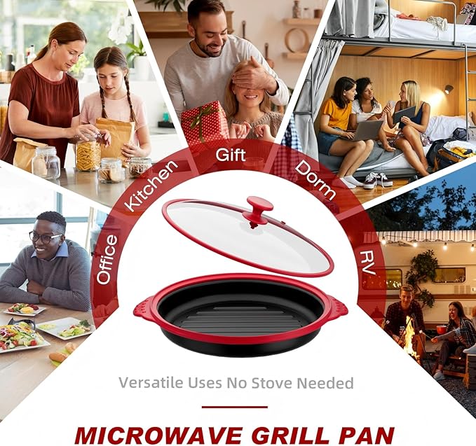 Microwave Grill Pan with Glass Lid, Microwave Griller & Crisper Pan for Grilling, Frying, Browning and Crisping, Multi-Purpose Microwave Cookware for Grill Meat, Sandwich & Vegetable