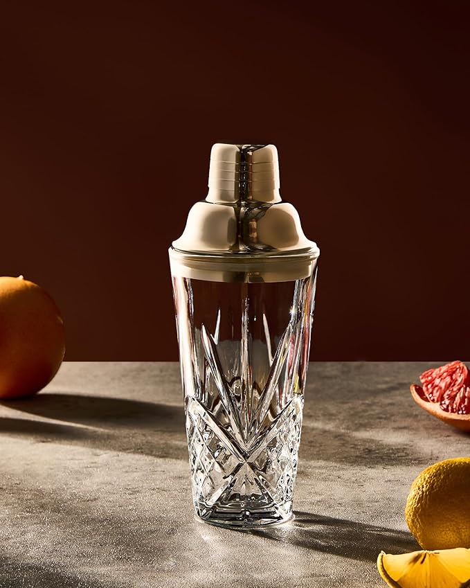 Glass Cocktail Shaker, 15oz Cutting Design - Exquisite Martini Shaker for Elevated Mixology. Perfect for Crafting Artisan Cocktails, Martinis. (Including Drink Shaker & Gold Pour Spout)