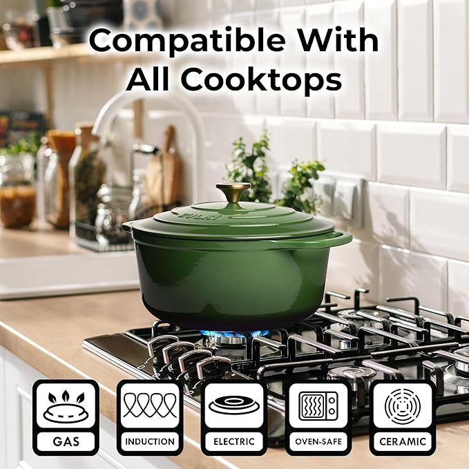 Zulay Kitchen 5 Quart Enameled Cast Iron Dutch Oven Pot with Lid – Premium Durability & Oven Safe up to 500°F – Heavy Duty Cookware Perfect for Bread Baking, Stews, Braising & Roasting – Green