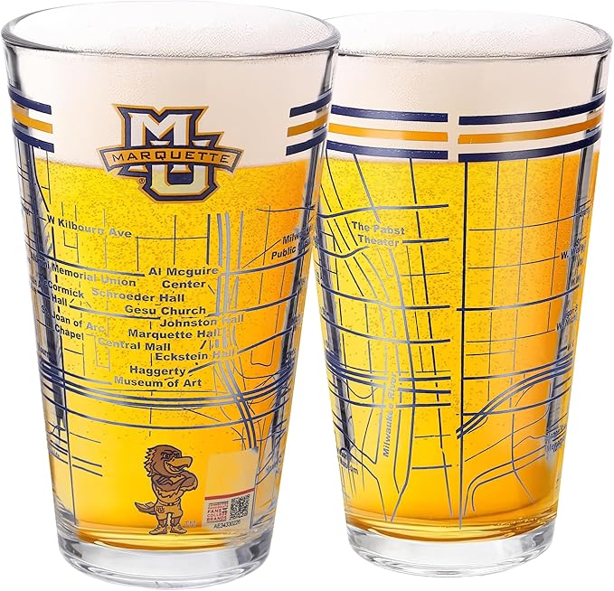 Greenline Goods – University of Marquette Golden Eagles College Pint Beer Glasses (Set of 2), 16 oz – Full-Color Logo + Campus Map