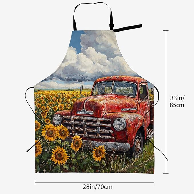 Vintage Red Truck Apron for Women, 28x33in, Kitchen Chef Aprons with 2 Pockets, Polyester, Rustic Sunflowers Apron for Cooking BBQ Baking Gardening Chef, Gifts for Mom Wife Dad
