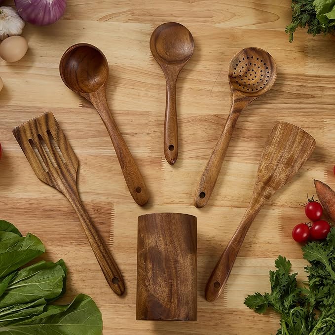 Wooden Kitchen Utensils Set, Teak Wood Cooking Spoons for Non-Stick Pans, 6 Pieces