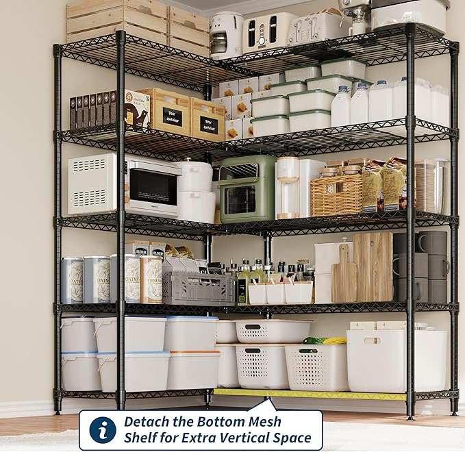Garvee 70" H Storage Shelves L-Shaped Shelving Unit, 5-Tier Metal Shelves 1325 LBS Capacity, Heavy Duty Wire Shelving Storage Rack with Adjustable Shelf for Kitchen Pantry Bedroom Corner
