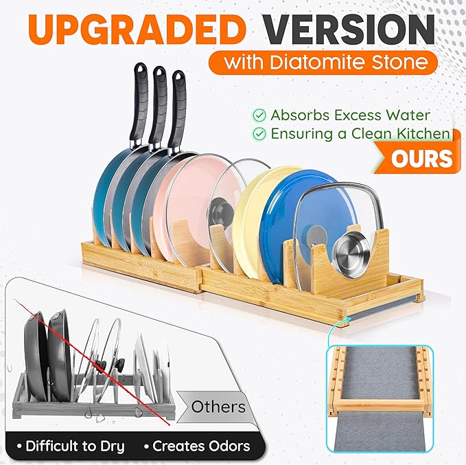 [Adjustable] Bamboo Pots and Pans Organizer under Cabinet, Expandable Bakeware & Cutting Board Organizers with Diatomaceous Earth Base & 10 PCS Adjustable Dividers, Tray Organizer for Kitchen Storage