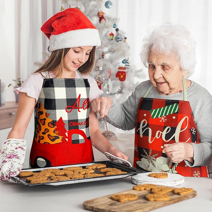 SATINIOR 4 Pcs 21.7" x 26.8" Christmas Aprons Adjustable Kitchen Aprons Xmas Plaid Merry Christmas Bib for Adults