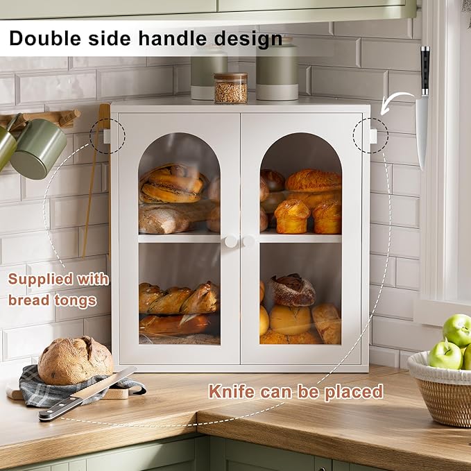 WOWLIVE Corner Bread Box for Kitchen Countertop, 2 Tier Bamboo Bread Storage Container for Homemade Bread with Clear Acrylic Door Panel, Bread Bin Farmhouse Breadbox Organizer (White, Extra Large)