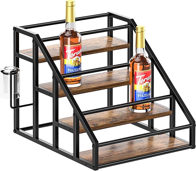 Coffee Syrup Rack Organizer, Spice Racks, Syrup Bottle Holder Stand for Coffee Bar, 4-Tier 16 Bottles Storage Shelves for Syrup, Wine, Dressing for Kitchen Countertop, Rustic Brown & Black