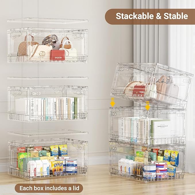 BROVIEW 240Qt Stackable Storage Bins with Lids Wheels, Crystal Clear Shiny Storage Cabinet Plastic Drawer Foldable Closet Organizers Display Box with Front & Back Doors, for Home Office Garage,3Pack