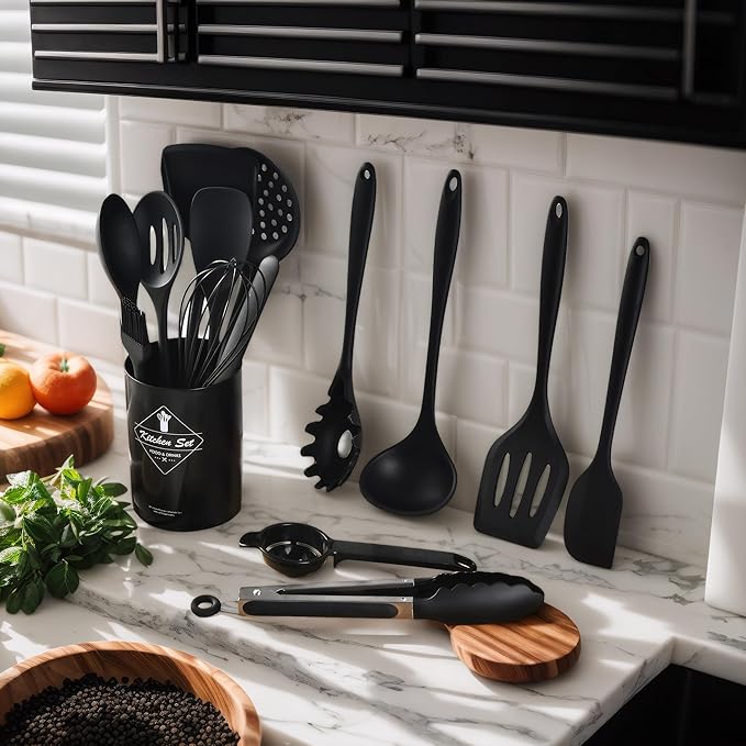 Silicone Kitchen Utensils Set - 15 Pieces Non Toxic Silicone Utensils Set For Cooking，428°F Heat Resistant Food Grade Kitchen Tools，Dishwasher Safe (Black, 15 Piece Set)