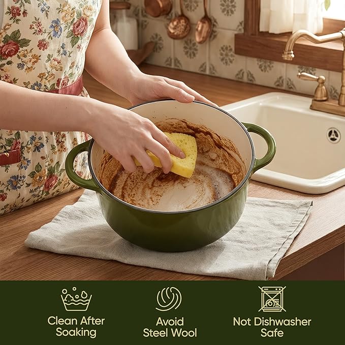 6 Quart Dutch Oven Pot with Lid, Non Stick Enameled Cast Iron Dutch Oven for Bread Baking, Heavy-Duty, Oven Safe Ceramic Cookware Up to 500°F for Baking, Braising, Stews, Roasting, Golden Green