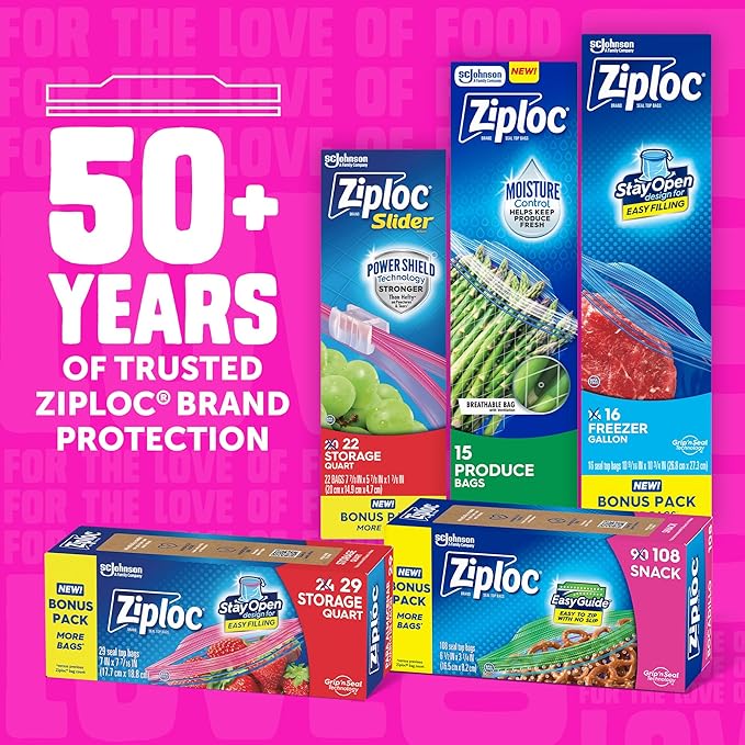 Ziploc Quart Food Storage Bags, Stand-Up Bottom, Easy to Fill, 136 Count (Packaging May Vary)